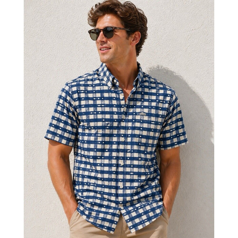 Columbia Shirt Mens M Blue Fish Print PFG Short Sleeve Nautical Fisherman